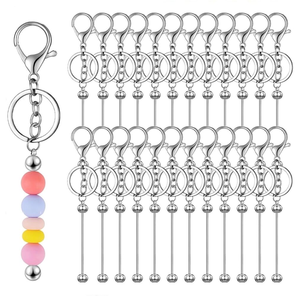8887 25Pcs Beadable Keychain Bars Silver Beaded Keychain Bulk Bead Keychain